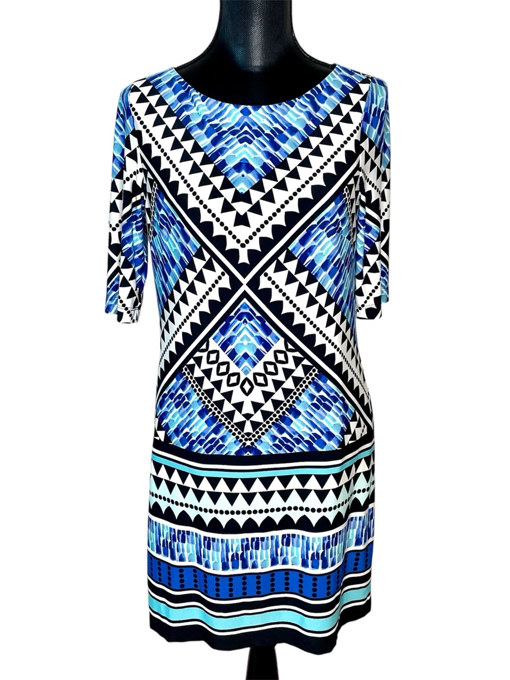 Eliza J Dress Jersey Midi Shift Geometric Print Pattern Blue Black Size 10
